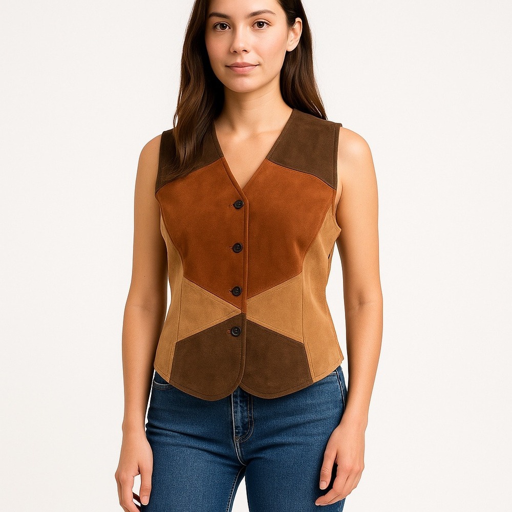 Outbrook Vest Women's 90s Brown‎ Color Block Suede Leather Vest Medium